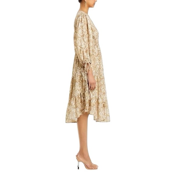 Cupio Boho Smocked Ikat Midi Dress Tiered Flowy V Neck Brown Tan XL NWT - Picture 4 of 16